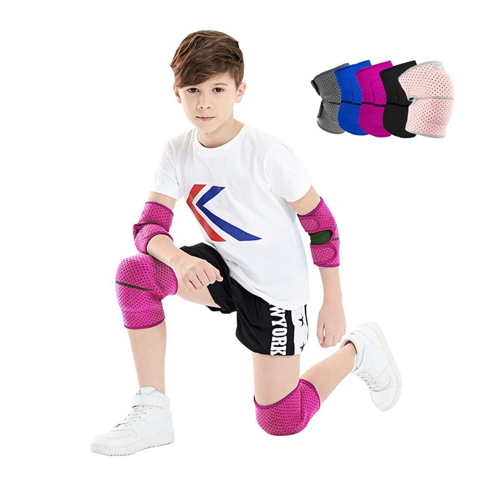 ADLIKES Knee and Elbow Pads Protective Gear Set (4pc) for Cycling Running Volleyball Crashproof Antislip for Kids Youth Fuchsia M
