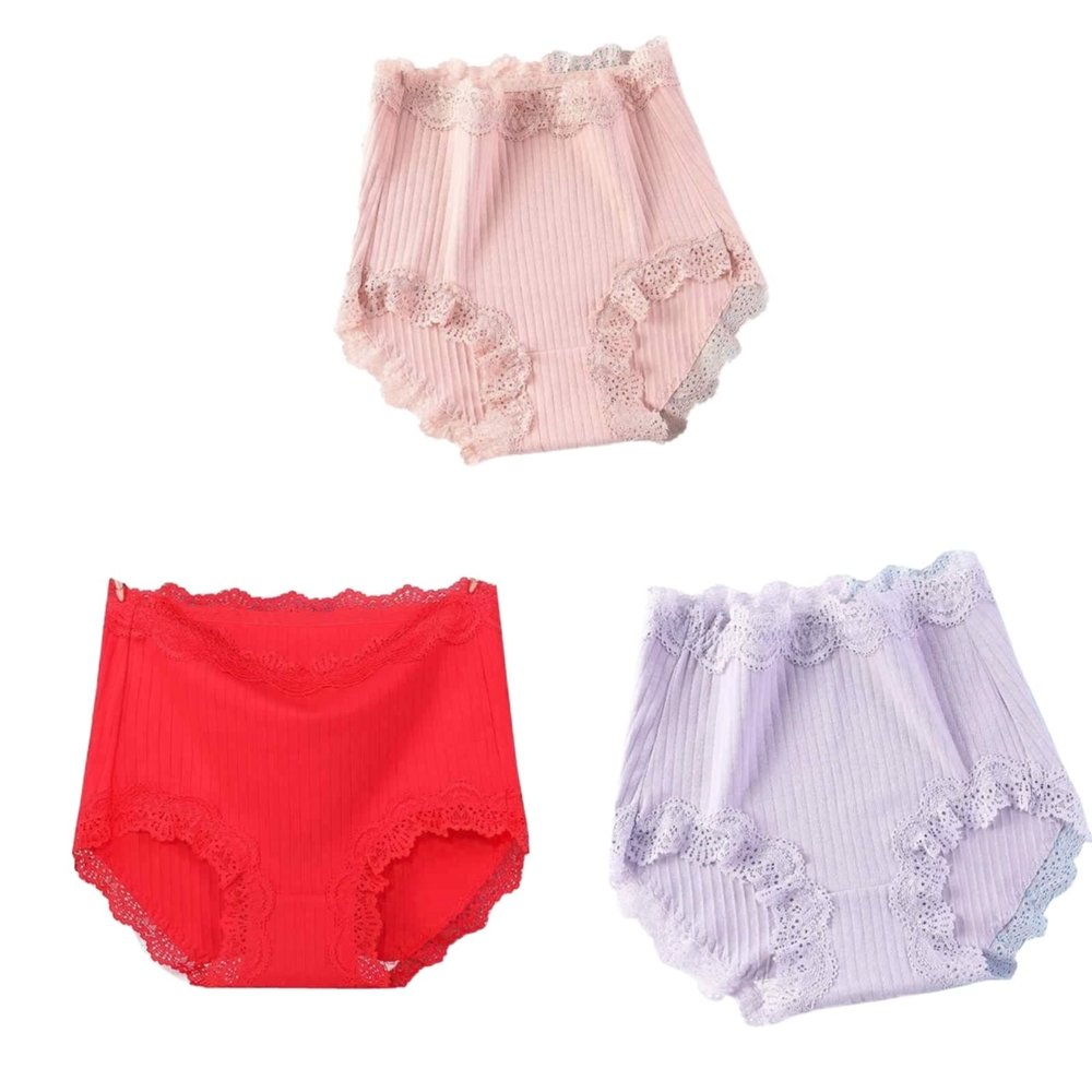 3 Pcs 100kg Women's High Waist Briefs Lace Lingerie Sexy Panties Plus Size Underwear Loose No Trace Summer Shorts Breathable (Color : 01, Size : XX-Large)