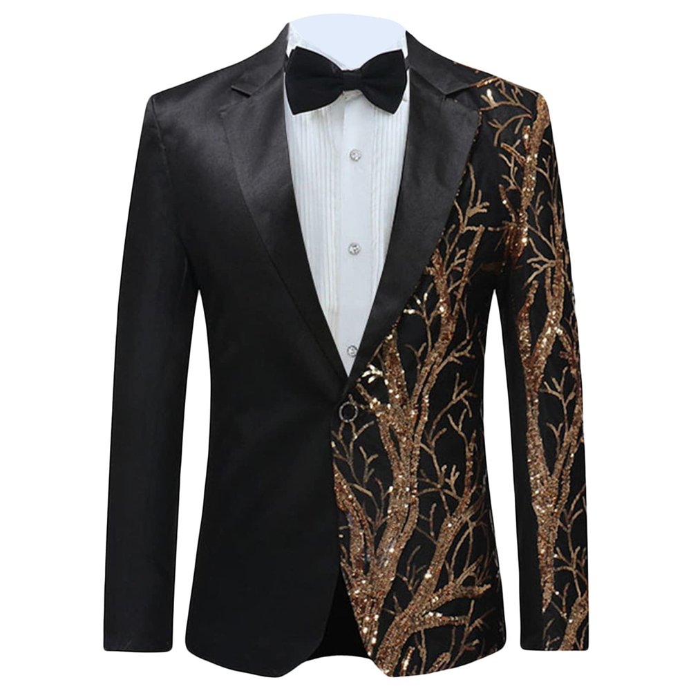 Men's Patchwork Embroidered Suit Jacket Sequin One Button Notched Lapel Dinner Party Blazer Without Shirt&Bow Tie (Black1,3X-Large)