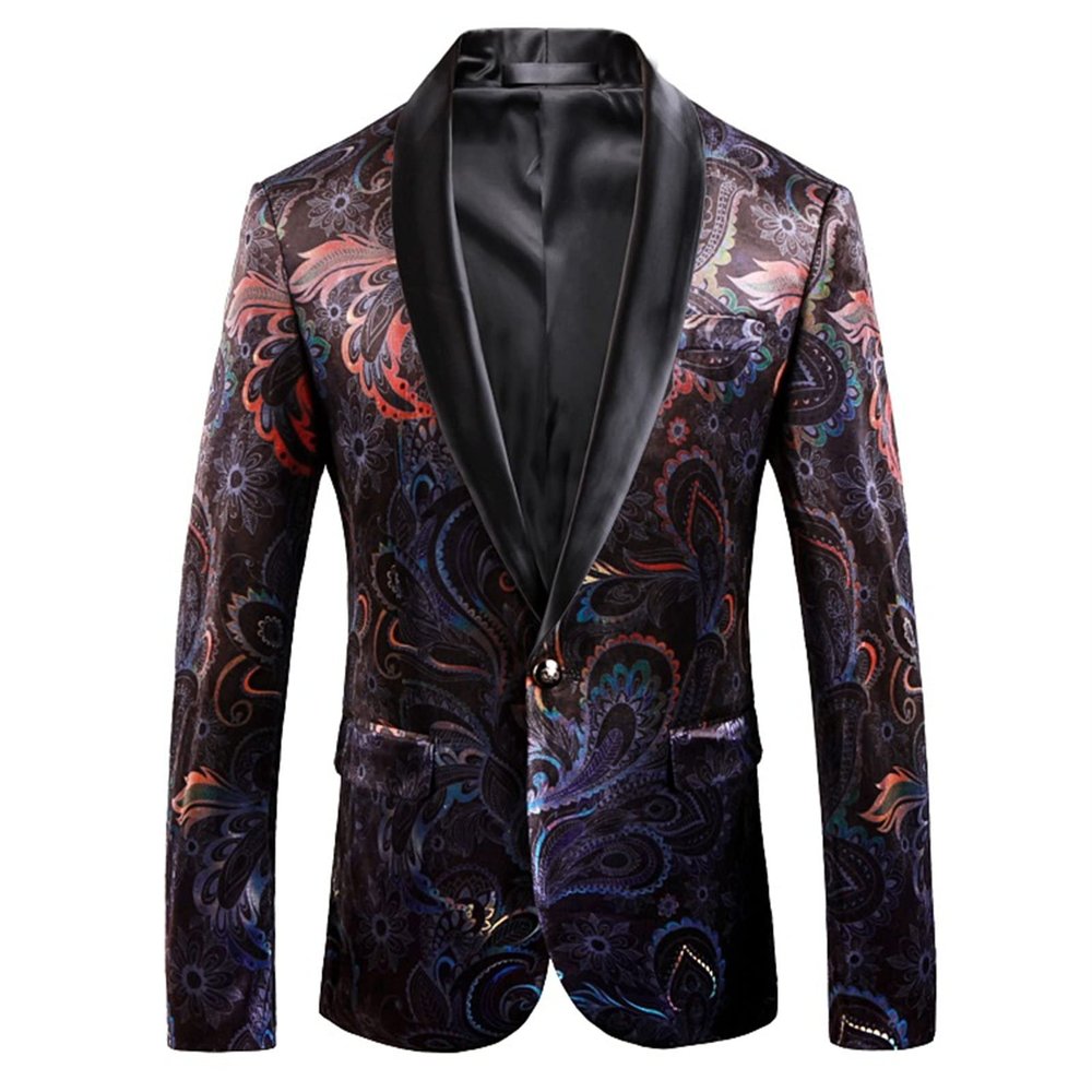 Men's 2 Button Velvet Blazer Slim Fit Notched Lapel Embroidered Jacket Party Wedding Prom Stage Costume Blazers (Black,X-Large)