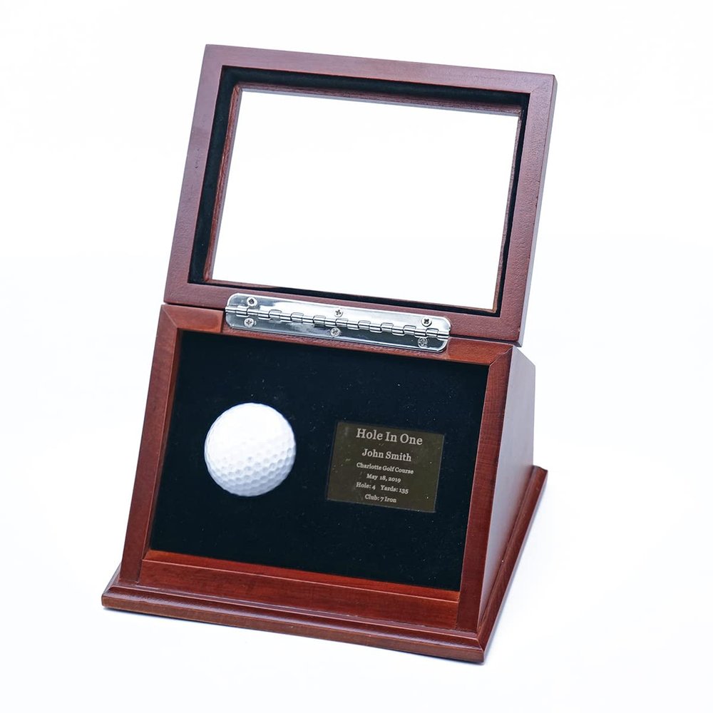 Show Box in One Golf Ball Beech Wood Display Case Box Shadow Box with Glass Window Free Customized Plaque Engraving Brown