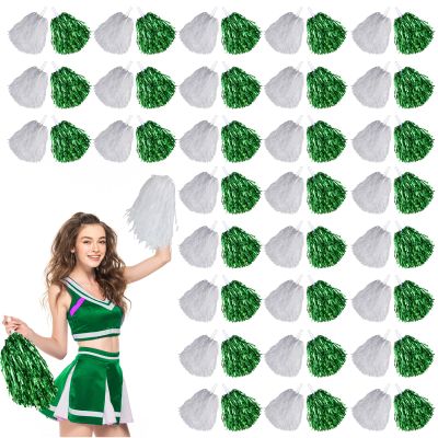 60 Pcs Cheerleading Pom Poms Cheer Pompoms Metallic Foil Pompoms with Plastic Handles for Cheering Squad Team Spirited Sports Dance(Green, White)