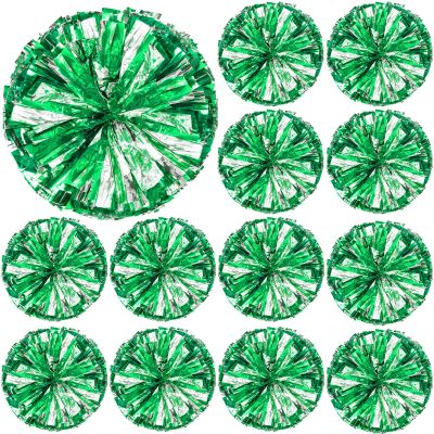 Deekin 12 Pcs Cheerleading Pom Poms Cheerleader Squad Spirited Fun Pompoms 12 Inch Metallic Foil Cheer Pom Poms with Handle Flowers for Sport Team Dance Costume Party 50g Weight Each(Green and Silver)