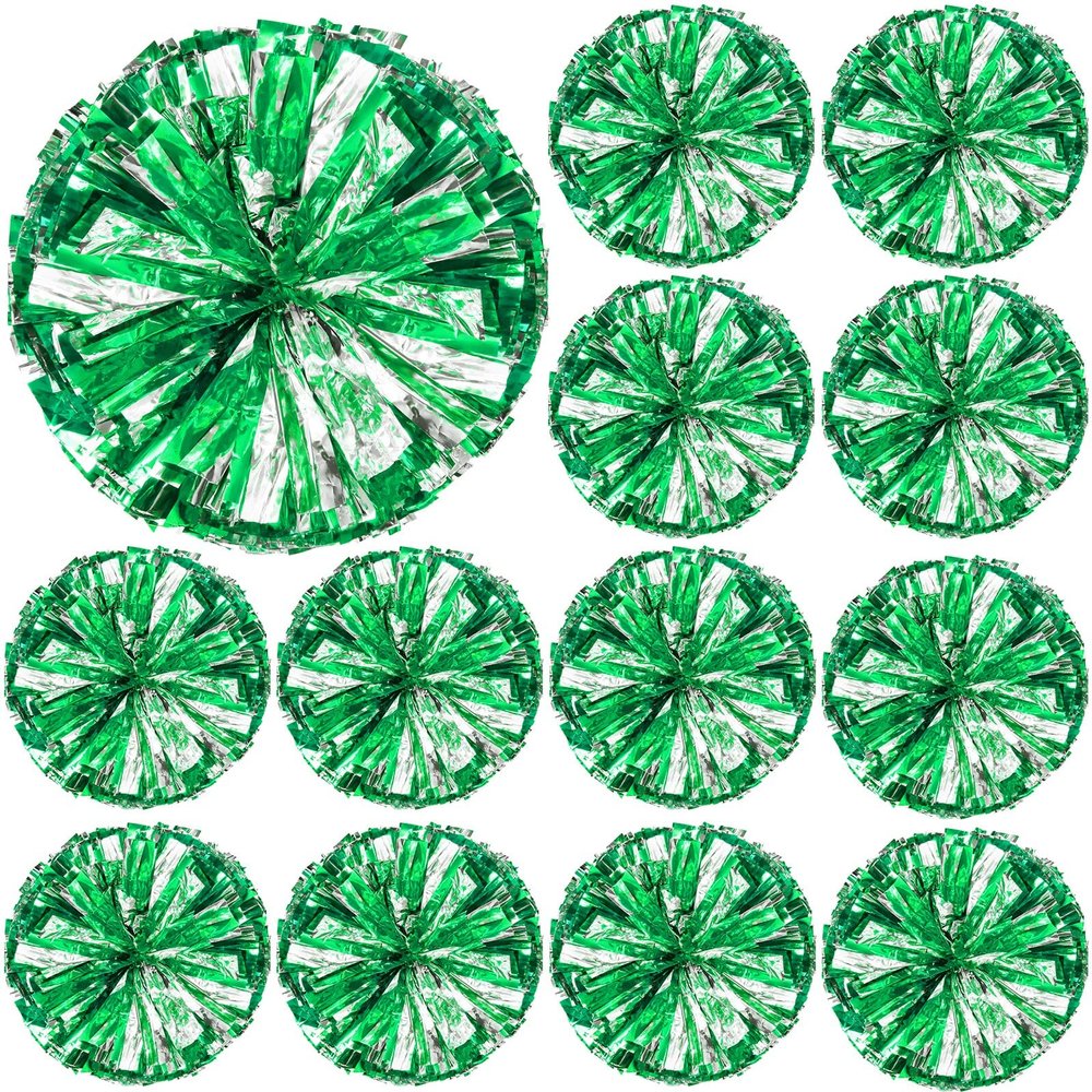 Deekin 12 Pcs Cheerleading Pom Poms Cheerleader Squad Spirited Fun Pompoms 12 Inch Metallic Foil Cheer Pom Poms with Handle Flowers for Sport Team Dance Costume Party 50g Weight Each(Green and Silver)