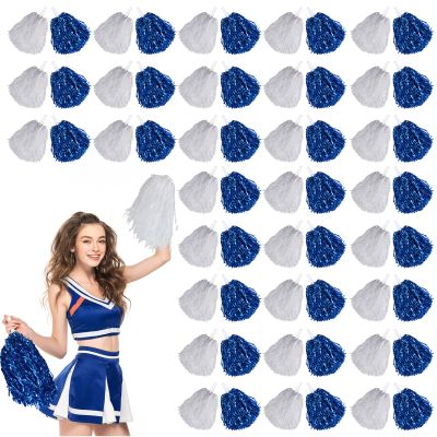60 Pcs Cheerleading Pom Poms Cheer Pompoms Metallic Foil Pompoms with Plastic Handles for Cheering Squad Team Spirited Sports Dance(Blue, White)