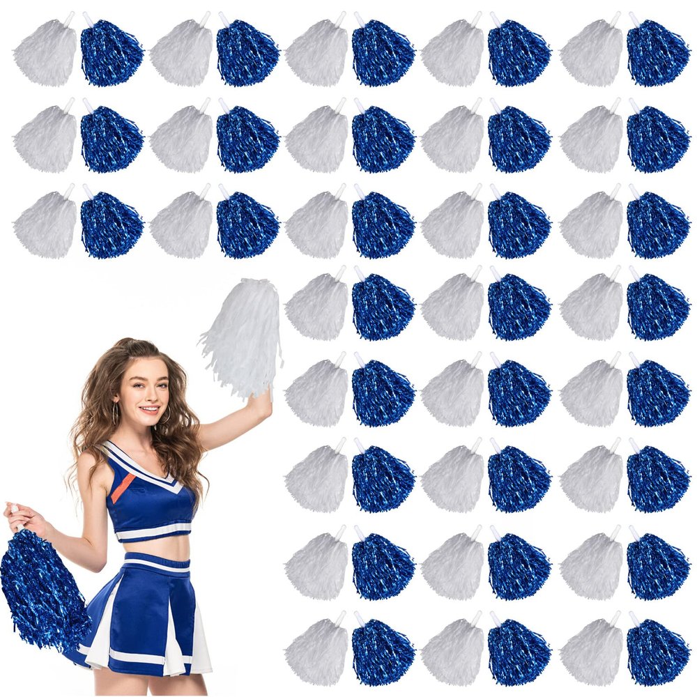 60 Pcs Cheerleading Pom Poms Cheer Pompoms Metallic Foil Pompoms with Plastic Handles for Cheering Squad Team Spirited Sports Dance(Blue, White)