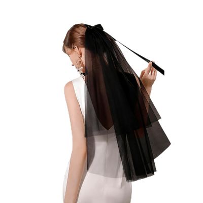 Aularso Black Short Wedding Veil Simple Bow Veils for Brides 2 Tier Waist Length Veils with Comb Halloween Hair Accessories (BlackC-L)