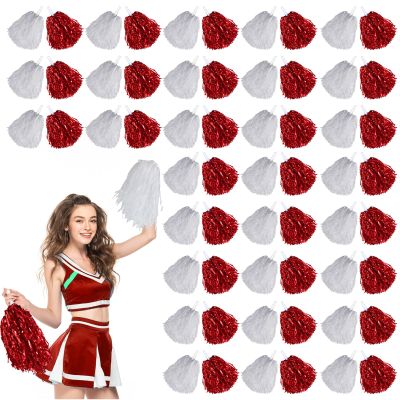 60 Pcs Cheerleading Pom Poms Cheer Pompoms Metallic Foil Pompoms with Plastic Handles for Cheering Squad Team Spirited Sports Dance(Red, White)