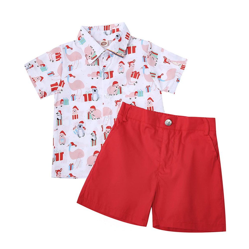 Christmas Clothes Toddler Kids Baby Boy Cartoon Print Short Sleeve T Shirt Red Shorts Clothes for (Pink, 2-3 Years)