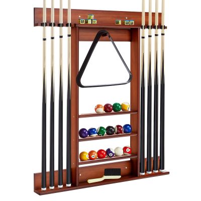Goplus Pool Cue Rack, Wall Mounted Billiard Stick Holder, Made of Solid Pine Wood, Holds 8 Cues & Full Ball Set & 1 Ball Rack, Compact Billiards Accessories for Club, Bar (Brown)