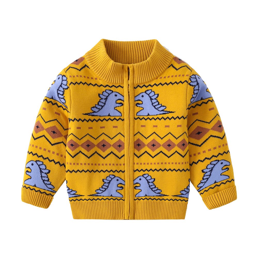 AQEACARMON Baby Boys Girls Button Up Cardigan Sweater Dinosaur Full-Zip Knit Sweater(2TYellow + Dinosaur(2 Layers Thickness))