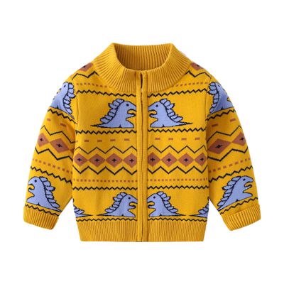 AQEACARMON Baby Boys Girls Button Up Cardigan Sweater Dinosaur Full-Zip Knit Sweater(3TYellow + Dinosaur(2 Layers Thickness))