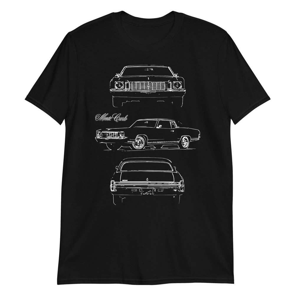 1972 Chevy Monte Carlo Classic Car Outline Short-Sleeve Unisex T-Shirt Black