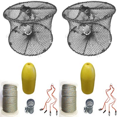 2-Pack of KUFA Sports Foldable Prawn Trap (Stretched Mesh Size:1-3/4") with 400' Rope, Yellow Float, Bait Bag & Harness Combo (PRN59+PNQ3+HA2) x2