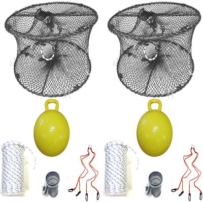 2-Pack of KUFA Sports Foldable Prawn Trap (Stretched Mesh Size:1-3/4") with 400' Rope, Yellow Float, Bait Bag & Harness Combo (15" Inflatable PVC Float)