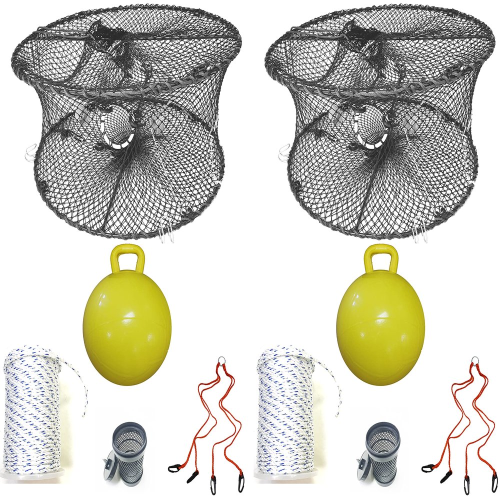2-Pack of KUFA Sports Foldable Prawn Trap (Stretched Mesh Size:1-3/4") with 400' Rope, Yellow Float, Bait Bag & Harness Combo (15" Inflatable PVC Float)