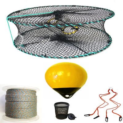 KUFA Sports Foldable Prawn Trap (Stretched Mesh Size:1-1/8") with 400' Rope, Yellow Float, Bait Bag & Harness Combo (PRN58+PHLH38Y)