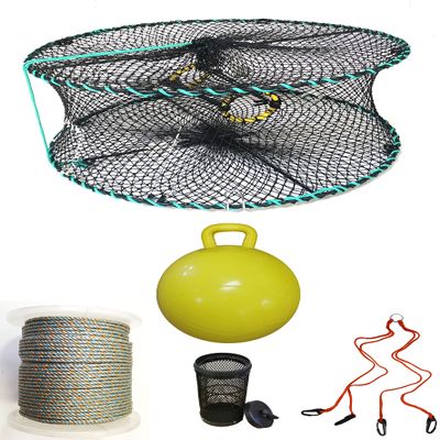 KUFA Sports Foldable Prawn Trap (Stretched Mesh Size:1-1/8") with 400' Rope, Yellow Float, Bait Bag & Harness Combo (PRN58+PHLH5)