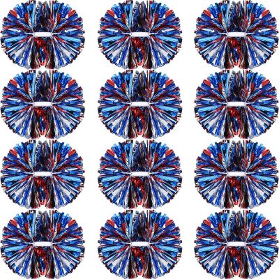 Hoteam 12 Pack Cheerleading Pom Poms Cheer Pompoms with Baton Handle Metallic Foil Pompoms for Adult for Team Sports Party Dance Cheering Squad Accessories, 14 Inch (Blue,Red and Silver)