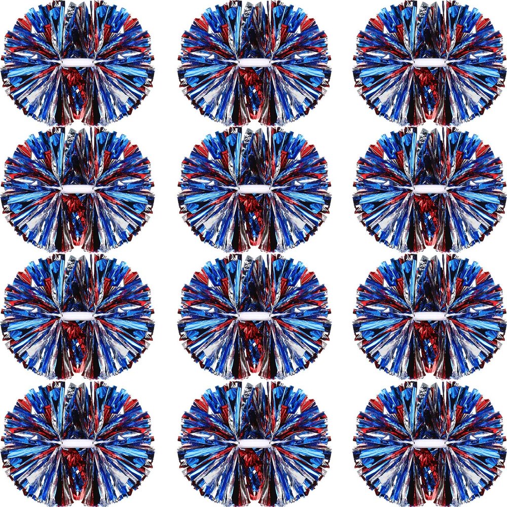 Hoteam 12 Pack Cheerleading Pom Poms Cheer Pompoms with Baton Handle Metallic Foil Pompoms for Adult for Team Sports Party Dance Cheering Squad Accessories, 14 Inch (Blue,Red and Silver)