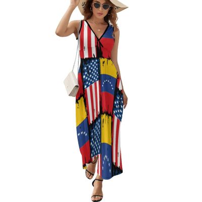 USA Venezuela Flag Women's Long Dress Sleeveless Swing Maxi Sundress Design