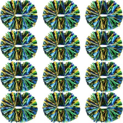 Hoteam 12 Pack Cheerleading Pom Poms Cheer Pompoms with Baton Handle Metallic Foil Pompoms for Adult for Team Sports Party Dance Cheering Squad Accessories, 14 Inch (Green,Gold and Blue)