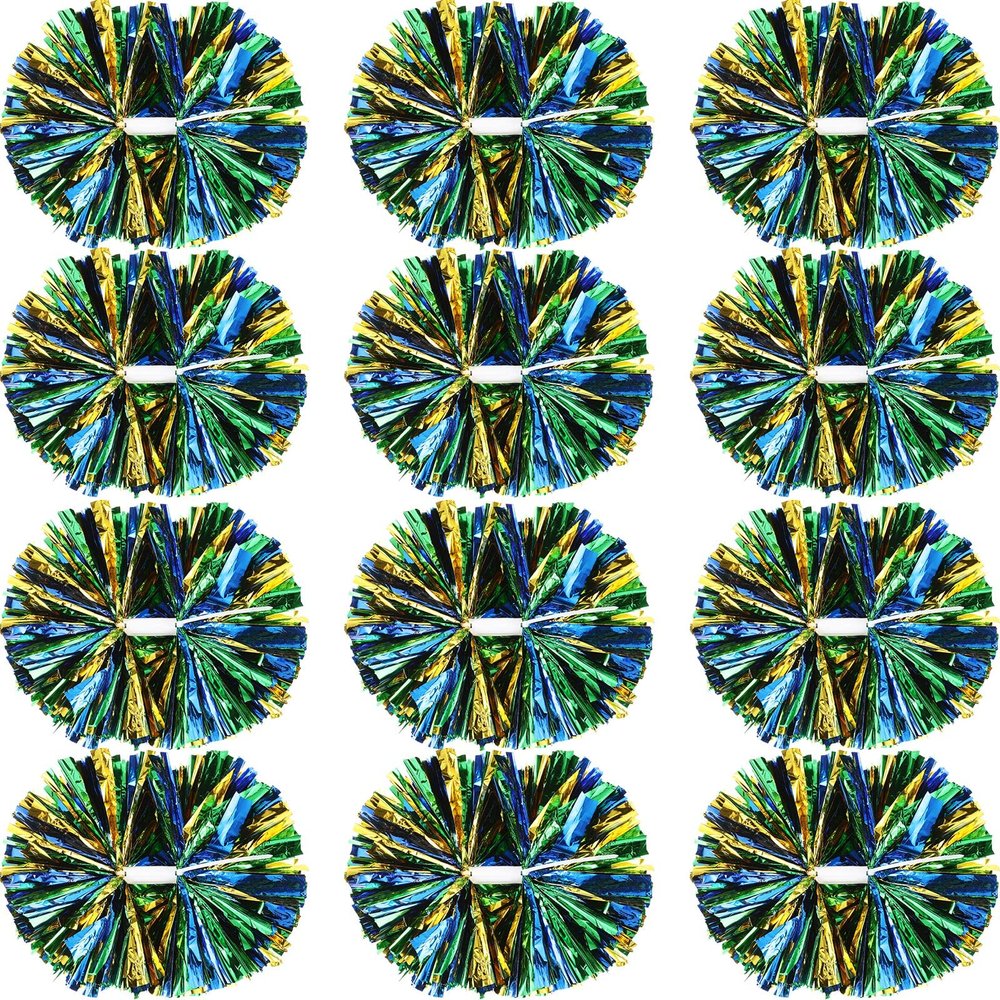 Hoteam 12 Pack Cheerleading Pom Poms Cheer Pompoms with Baton Handle Metallic Foil Pompoms for Adult for Team Sports Party Dance Cheering Squad Accessories, 14 Inch (Green,Gold and Blue)