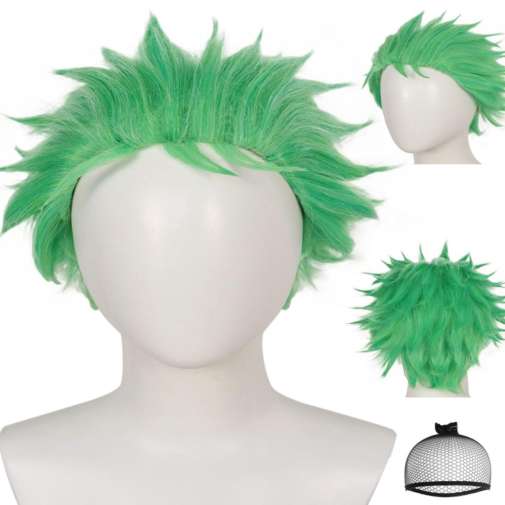 JoneTing Short Green Wig+Hair Cap  for Men Grass Green Cosplay Wig for Party for Cosplay Peluca Verde Short Greened Spiky Wigs for St Patrick's Day Men Chrismas Cospaly Costume for Halloween