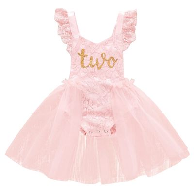 Baby Girl 1st Birthday Outfit Girl Ruffle Short Sleeve Floral Lace One Piece Romper Tulle Princess Dress+Headband Baby One Year Old Birthday Gifts Cake Smash Party Photo Shoot C#Pink Two 2 Years