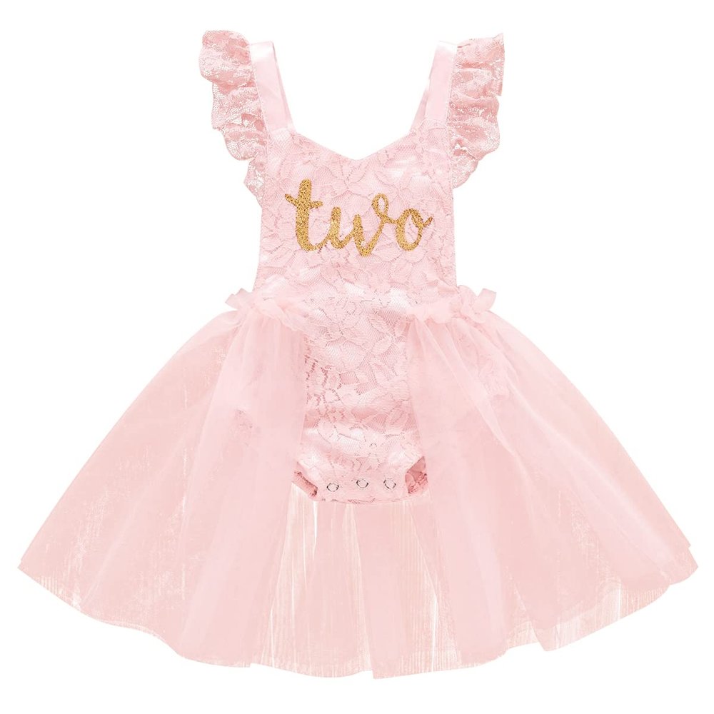 Baby Girl 1st Birthday Outfit Girl Ruffle Short Sleeve Floral Lace One Piece Romper Tulle Princess Dress+Headband Baby One Year Old Birthday Gifts Cake Smash Party Photo Shoot C#Pink Two 2 Years