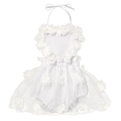 1st First Birthday Outfit Girl Ruffle Short Sleeve Floral Lace One Onesie Tulle Princess Dress+Headband Baby One Year Old Birthday Gifts Cake Smash Party Photo Shoot B#White 12-18 Months