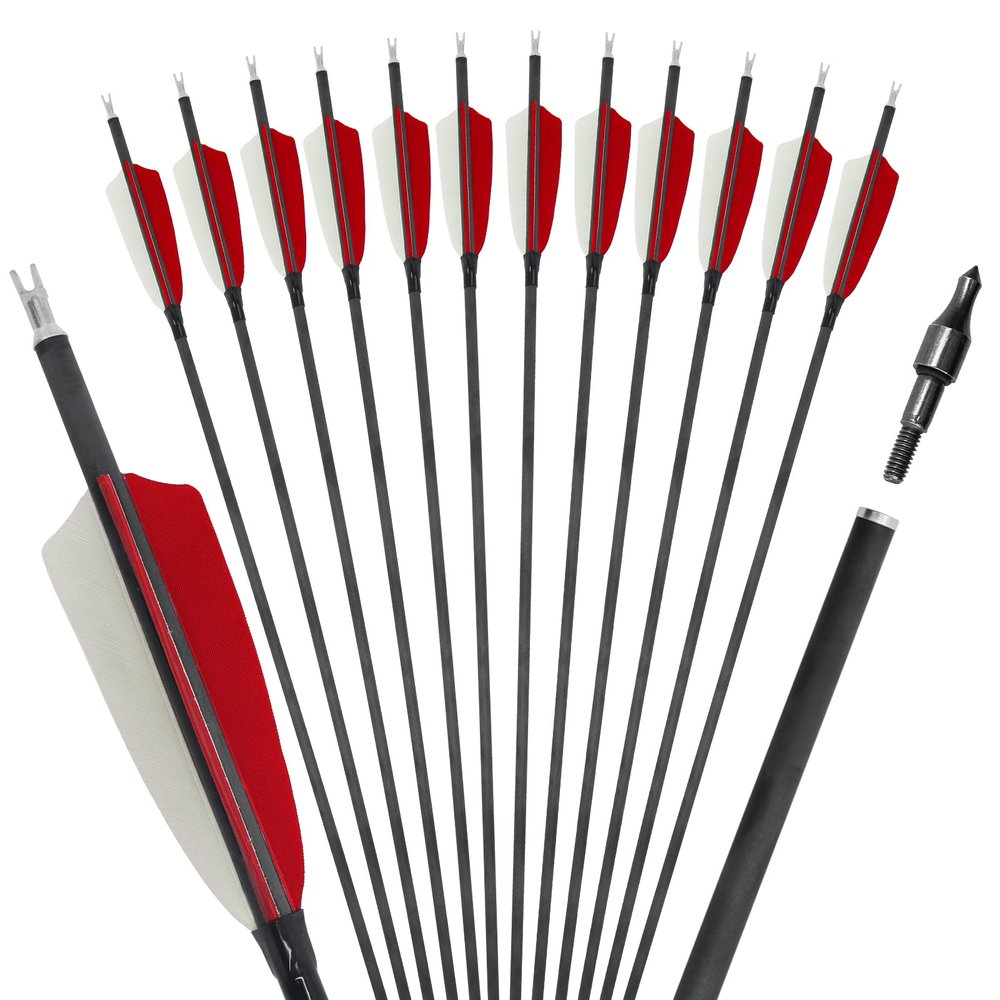 OBTOUTDOOR 12PCS Real Feather Arrows Spine 400 Archery Target Arrows 28-31inch Pure Carbon Arrows with 4" Turkey Feathers and Removable Tips for Archery Target Hunting (31Inch)