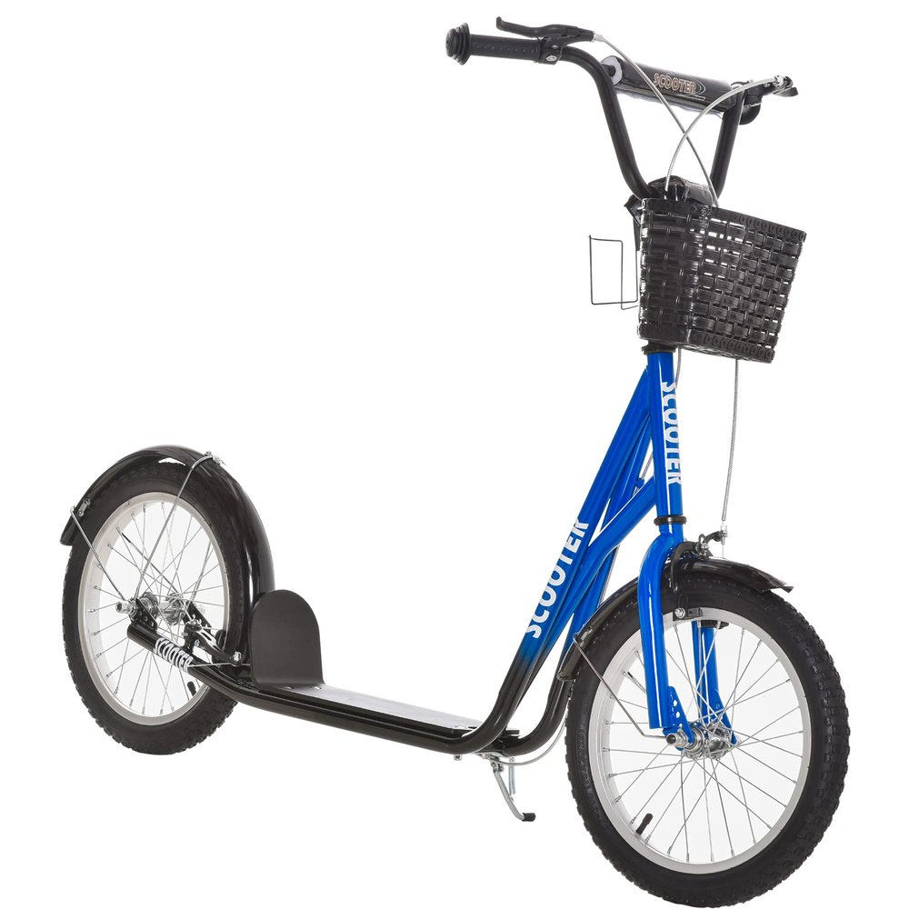 Aosom Youth Scooter, Kick Scooter with Adjustable Handlebars, Double Brakes, 16" Inflatable Rubber Tires, Basket, Cupholder, Blue