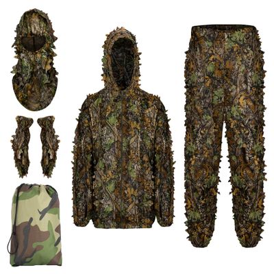 Ginsco Ghillie Suit Full Face Mask Gloves Set M/L, 3D Leafy Camo, for Men, Camoflage Woodland for Outdoor Turkey Hunting Airsoft Sniper With Storage Bag
