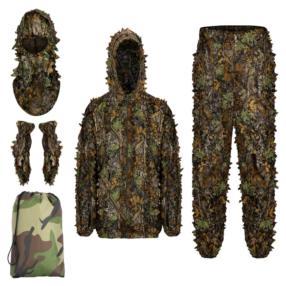 Ginsco Ghillie Suit Full Face Mask Gloves Set M/L, 3D Leafy Camo, for Men, Camoflage Woodland for Outdoor Turkey Hunting Airsoft Sniper With Storage Bag