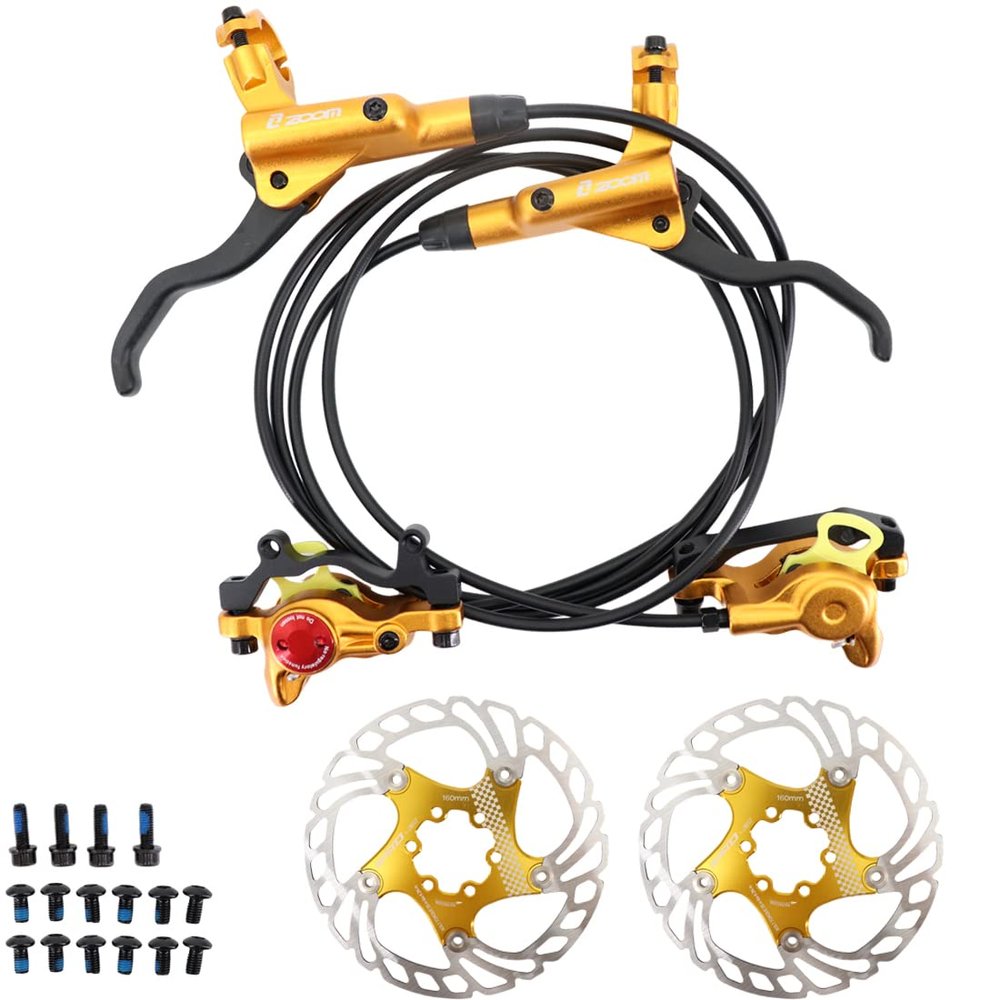DJC Hydraulic Brake 2 Pistons Caliper MTB with Bike Floating Rotor Disc 160mm Left Front Right Rear Oil Brake HB875 Double Pistons (4# Golden and Rotor Pair)