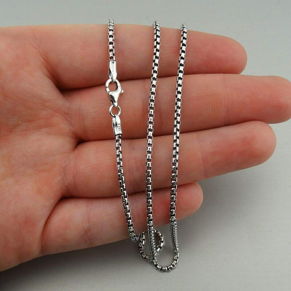 2mm Oxidized Round Box Chain Necklace - 925 Sterling Silver 16"-30" Unisex