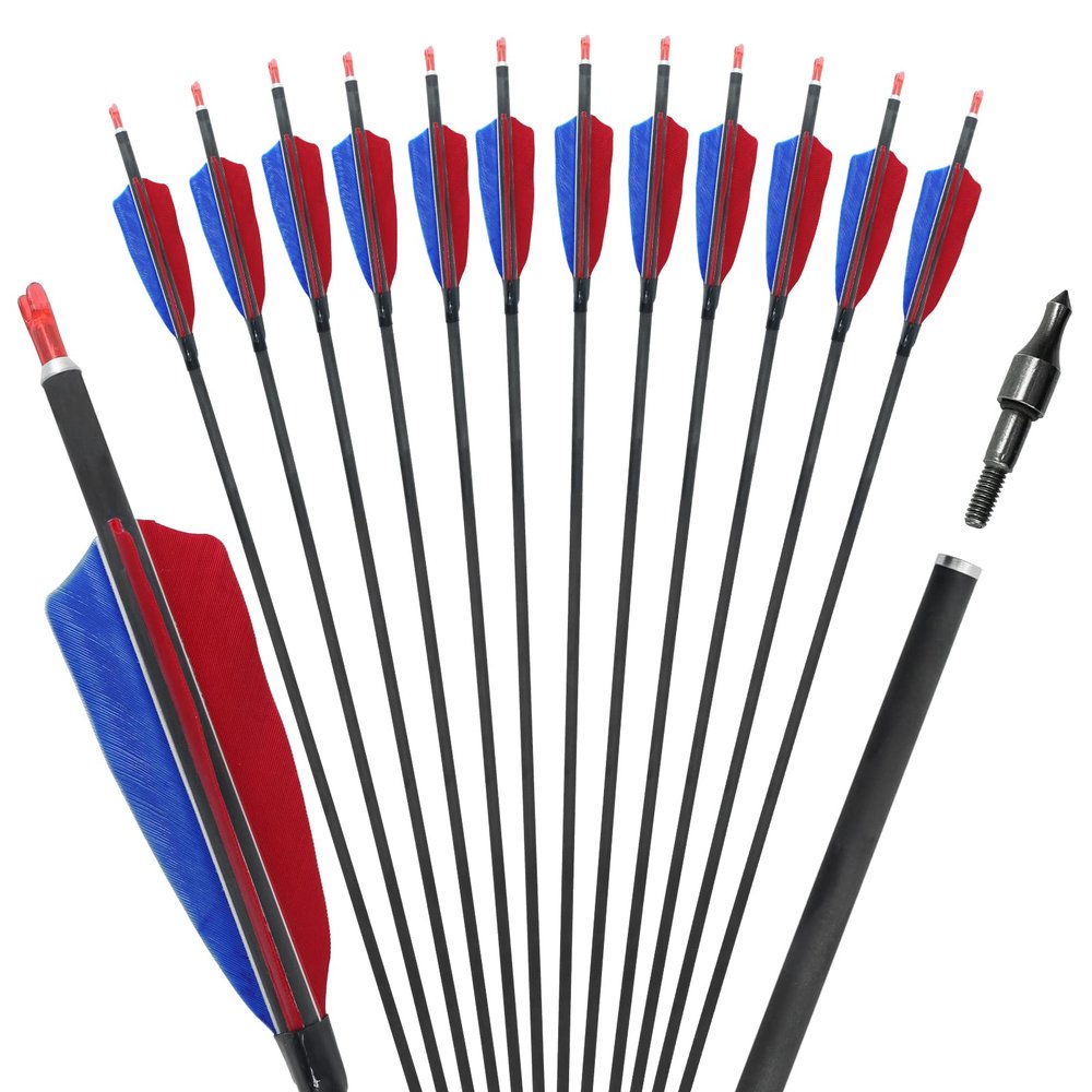 OBTOUTDOOR 12Pack Real Feather Arrow 28-31inch Archery Pure Carbon Arrows Spine 400 Archery Arrows for Compound Bows with 100 Grain Replaceable Points Targeting Practice Arrows (31Inch)