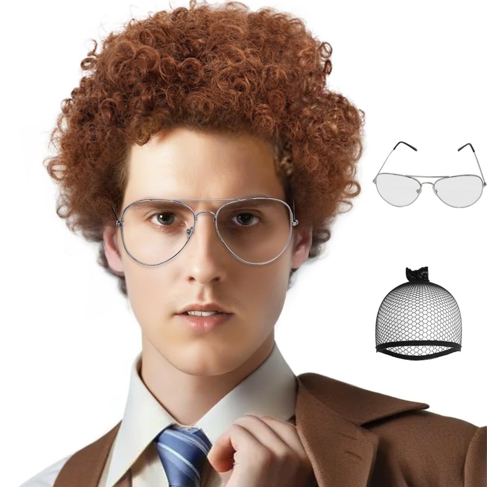 JoneTing Brown Afro Wig+1 Hair Cap+1 Glasses Brown Curly Hair for Men Party 70s 80s Wigs Men Nerd Wig for Halloween Party Peluca Marrn Chrismas Cospaly Hairs for Custume