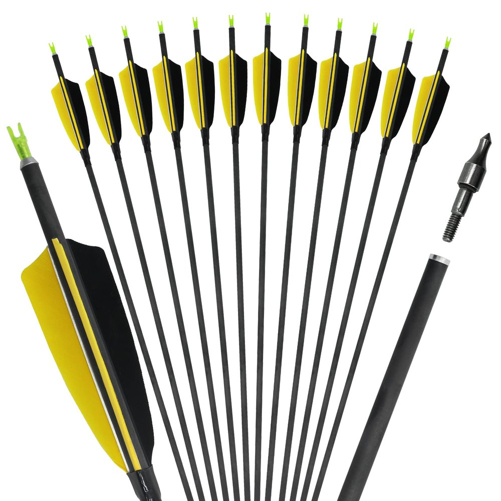 OBTOUTDOOR 28-31inch Pure Carbon Arrows Targeting Arrows 12Pack Spine 500 Archery Hunting Arrows Feather Bows with Replaceable Arrows for Recurve Bow Compound Longbow (30Inch)