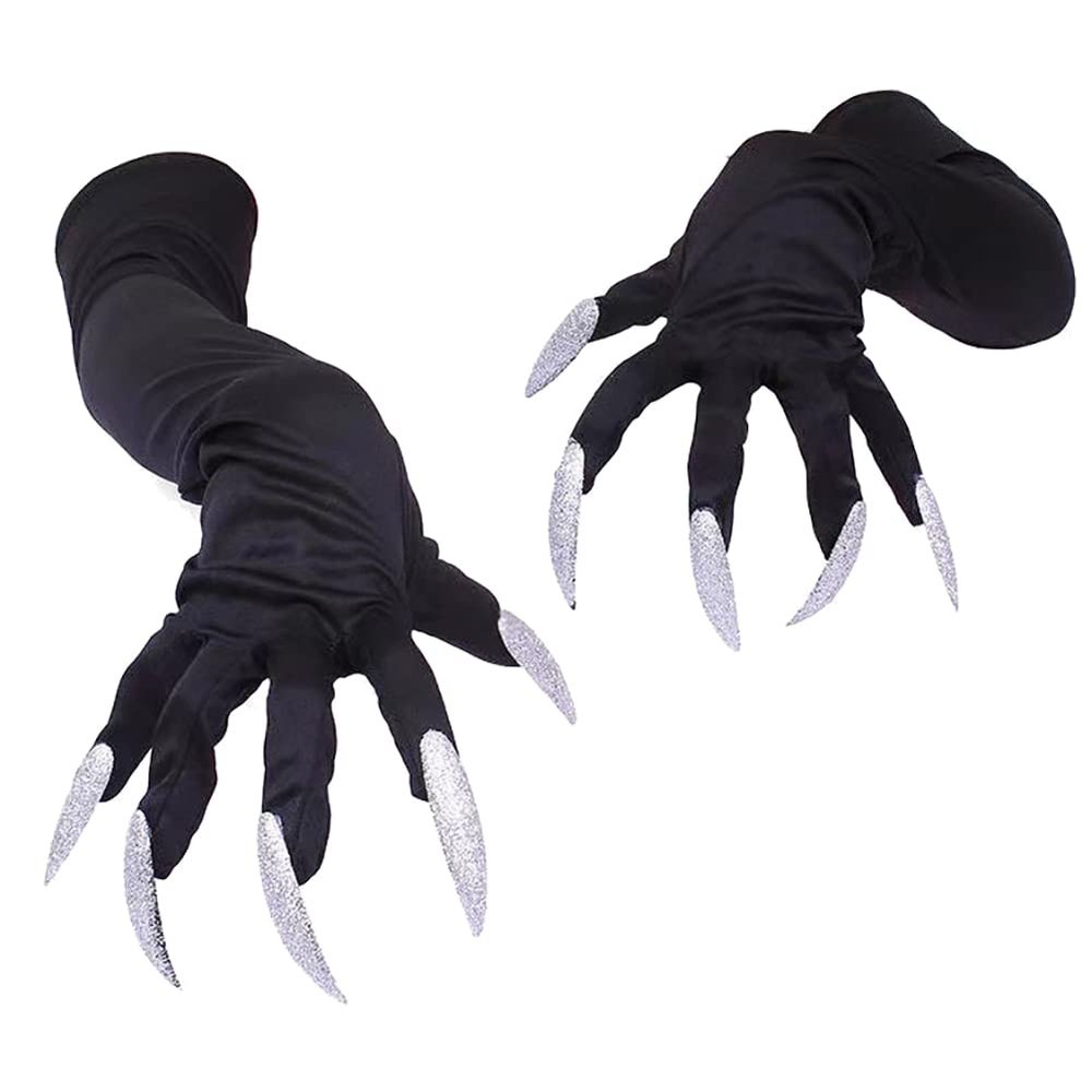 Halloween Paw Claws Gloves with Nails Fingernails Horror Devil Gloves Black Party Gloves Cosplay for Women Silver