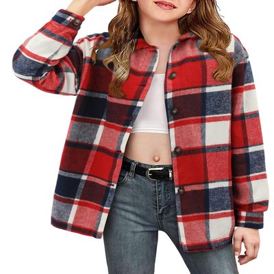 Girls' Plaid Flannel Shacket Jacket - Long Sleeve Western Shirt with Pocket - Red - Size 13-14 Years