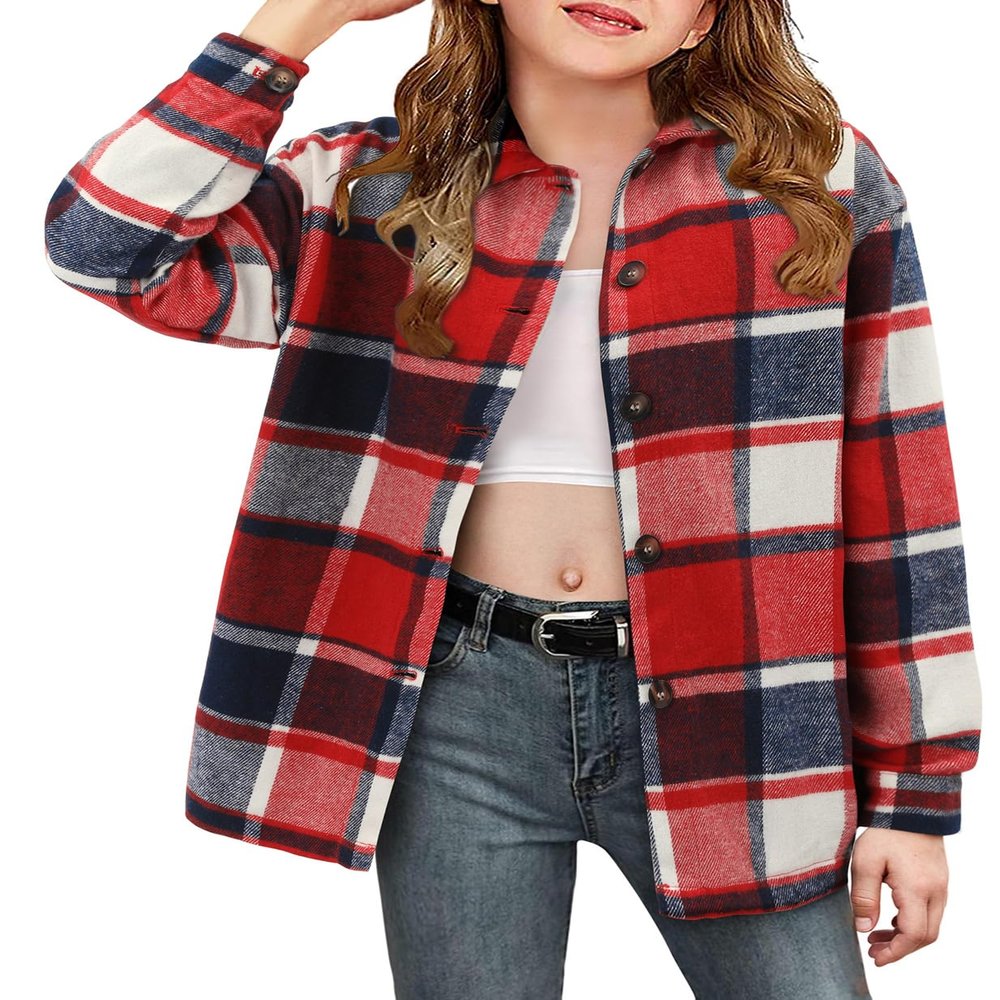 Girls' Plaid Flannel Shacket Jacket - Long Sleeve Western Shirt with Pocket - Red - Size 13-14 Years
