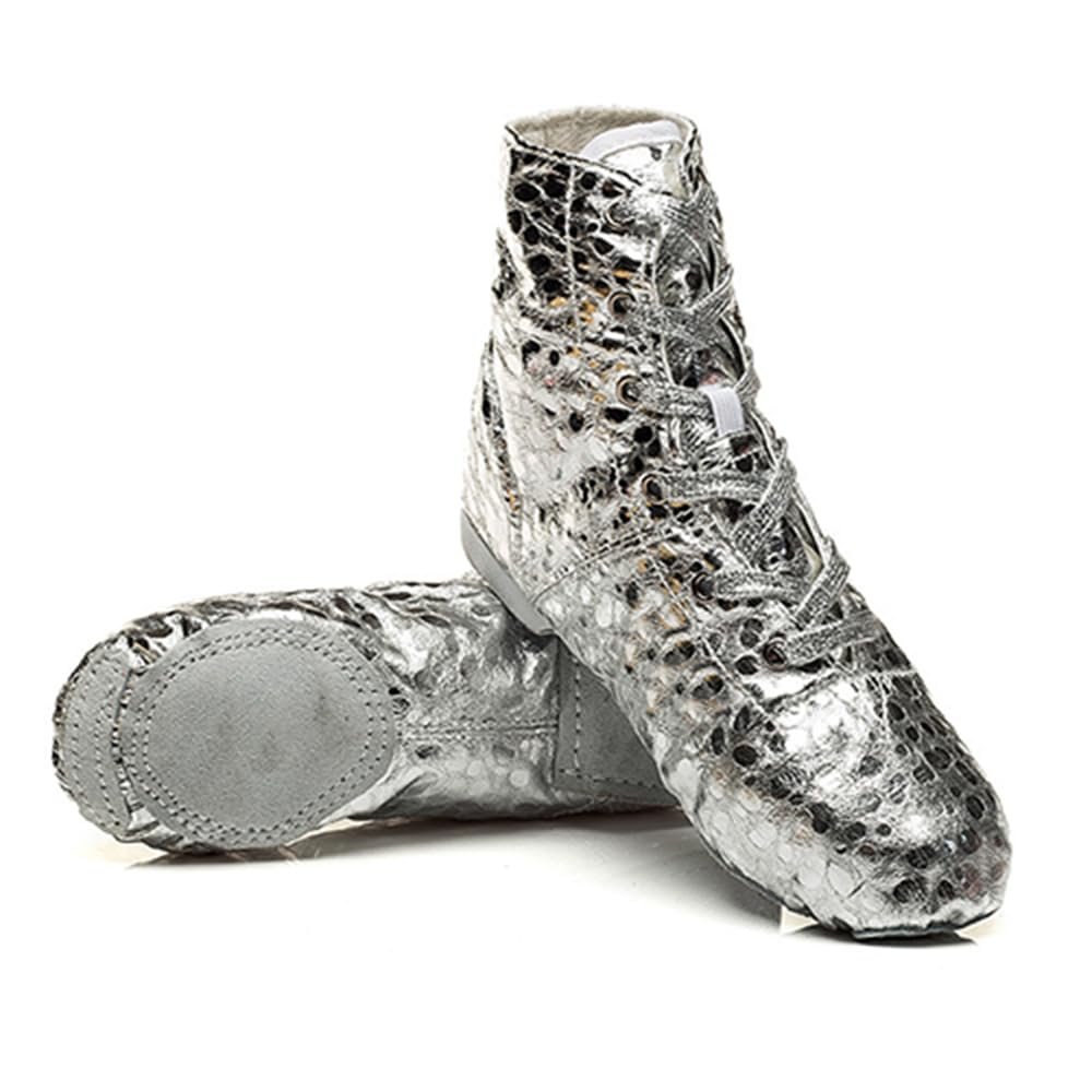 Women Jazz Shoes Split Sole Kids Silver Dancing Sneakers Ankle Boots for Men 10.5 M US Women