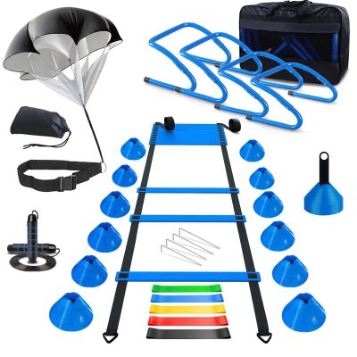 Haootadiy Agility Training Equipment, Football Training Equipment Includes 20FT Agility Ladder,4 Adjustable Agility Hurdles, 12 Football Cones, Parachute, for Training Soccer Basketball AthletesBlue