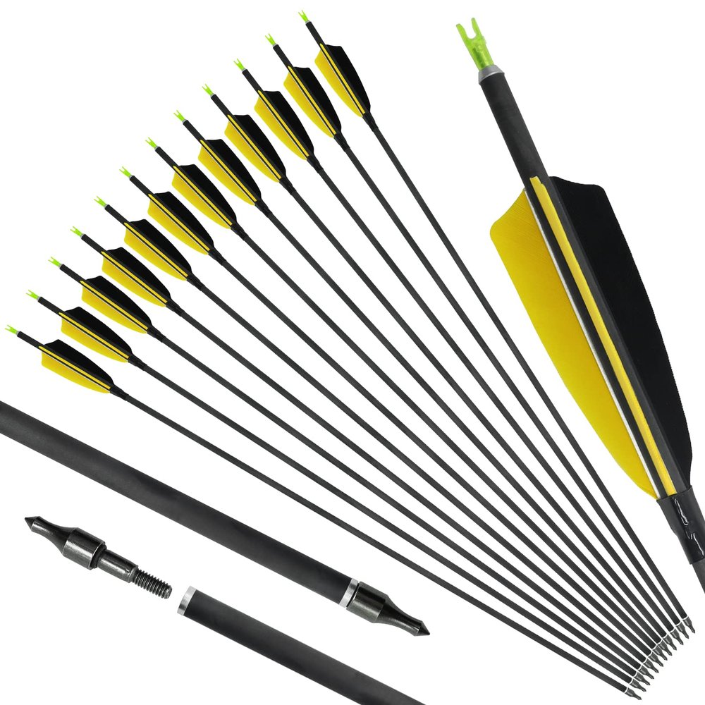 OBTOUTDOOR 12Pack Spine 400 Pure Carbon Arrows Practice Hunting Arrows 28 29 30 31inch Archery Arrows with 4" Turkey Feathers and Removable Tips for Adult Shooting Target (31 Inch Pack of 12)