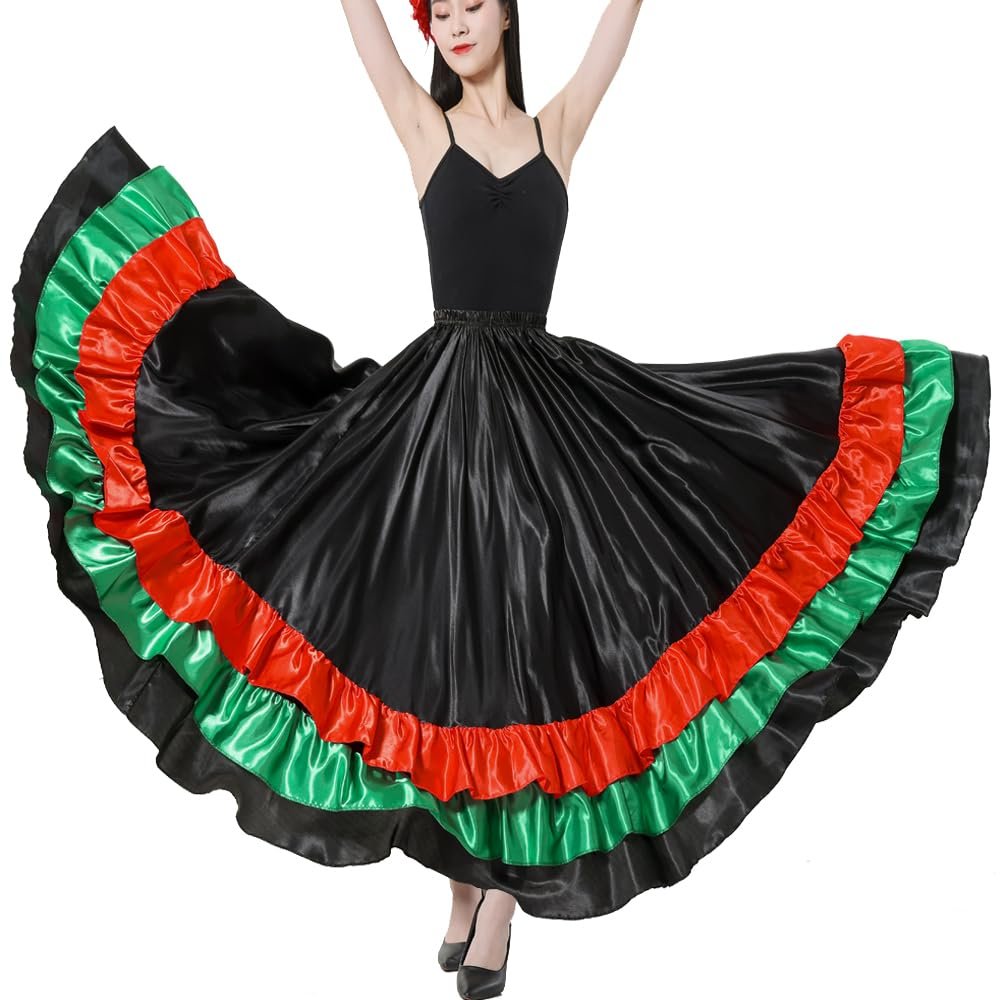 Adult Ruffles Black Red Green Maxi Long Dance Skirt for Mexican Flamenco Halloween Costume (Black Skirt-Green/red Ruffles)