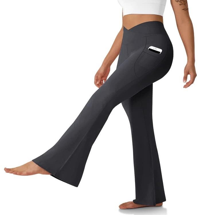 DLOODA Women's Flare Leggings with Pockets-Crossover High Waisted Bootcut Yoga Pants-Tummy Control Bell Bottom Leggings Gray