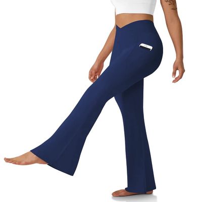 DLOODA Women's Flare Leggings with Pockets-Crossover High Waisted Bootcut Yoga Pants-Tummy Control Bell Bottom Leggings Navy
