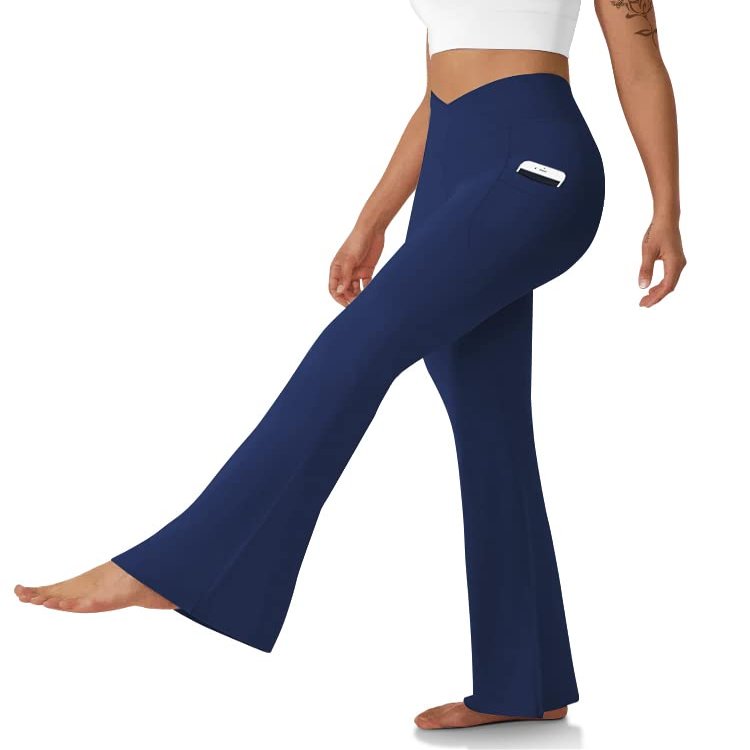 DLOODA Women's Flare Leggings with Pockets-Crossover High Waisted Bootcut Yoga Pants-Tummy Control Bell Bottom Leggings Navy